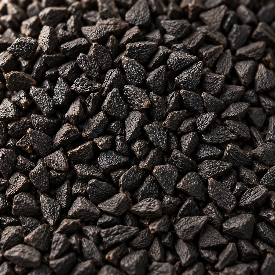 A close-up of textured Nigella sativa black seeds