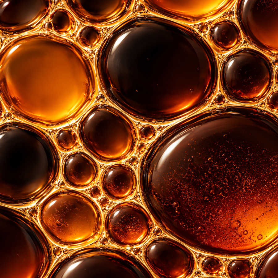 Abstract amber oil droplets illustrating a botanical oil constituent
