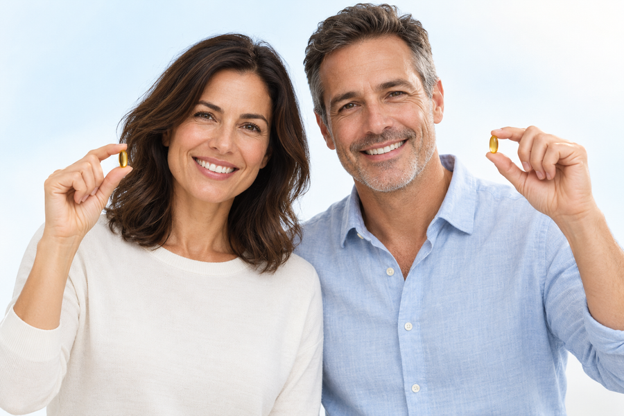 Woman and man holding softgels